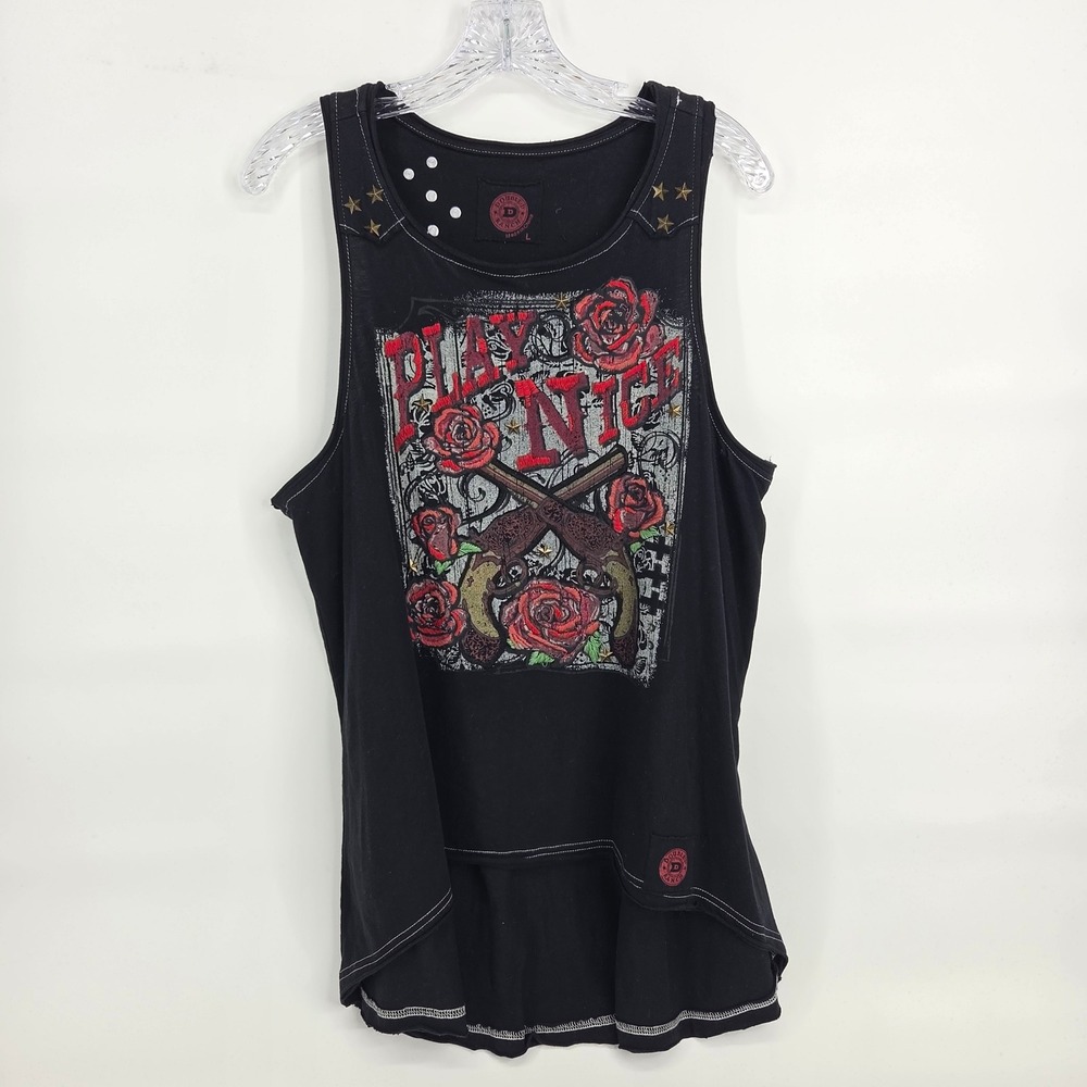 Double D Ranch Tank Top Large Black Play Nice Roses Pistols Western Edgy Studded